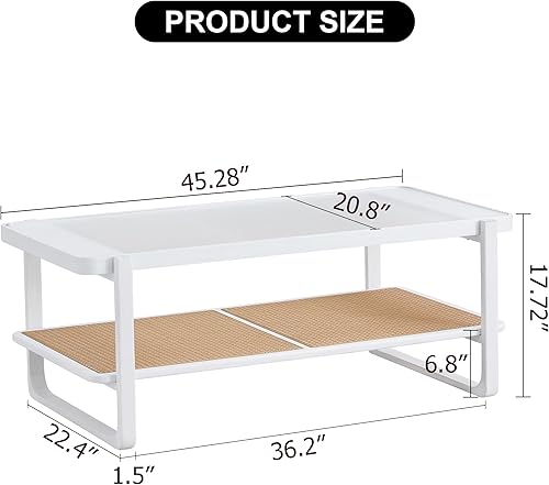 Miniatura 2 de Mesa de centro moderna minimalista blanca de doble capa de madera maciza. Mesa de cristal, mesa con borde de ratán de imitación. Mesa rectangular