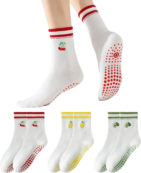BONANGEL Grippy Pilates Socks with Grips for Women, 3 Pairs Womens Non Slip Cute Cotton Yoga Ballet Barre Workout Socks