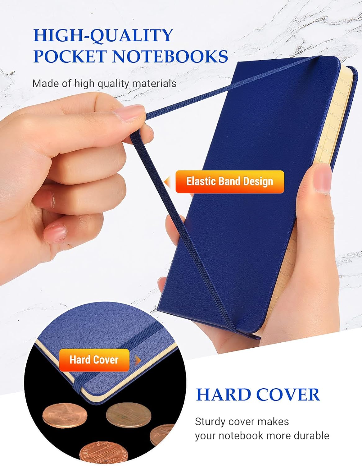 AISBUGUR 2 Pack Pocket Notebook Small Notebook 3.5" x 5.5" Thick Lined Paper with Inner Pockets,Marker Ribbons Mini Journal Notepad Dark Blue Leather
