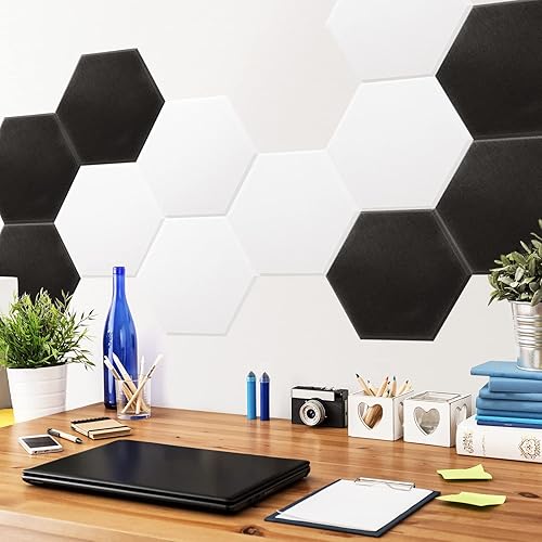 Miniatura 8 de Art3dwallpanels Paquete de 12 paneles acústicos autoadhesivos, color blanco y negro, paneles de pared insonorizados de 14 x 12 x 0.4 pulgadas,