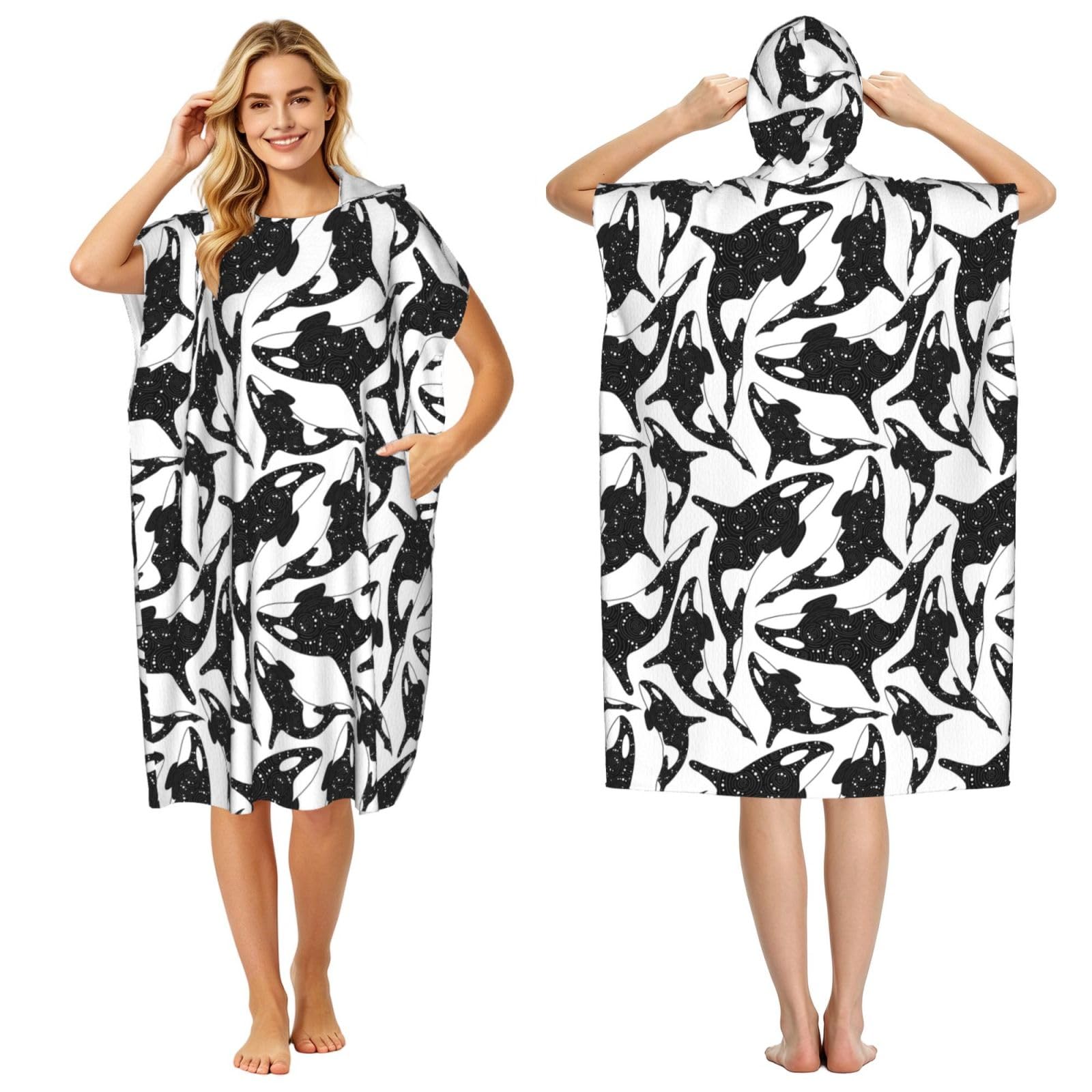 Poadnly Whale Orca Killer, Adult Hooded Beach Towel 90 x 110 cm,Changing Bath Robe, Surf Poncho Towel For Women Men