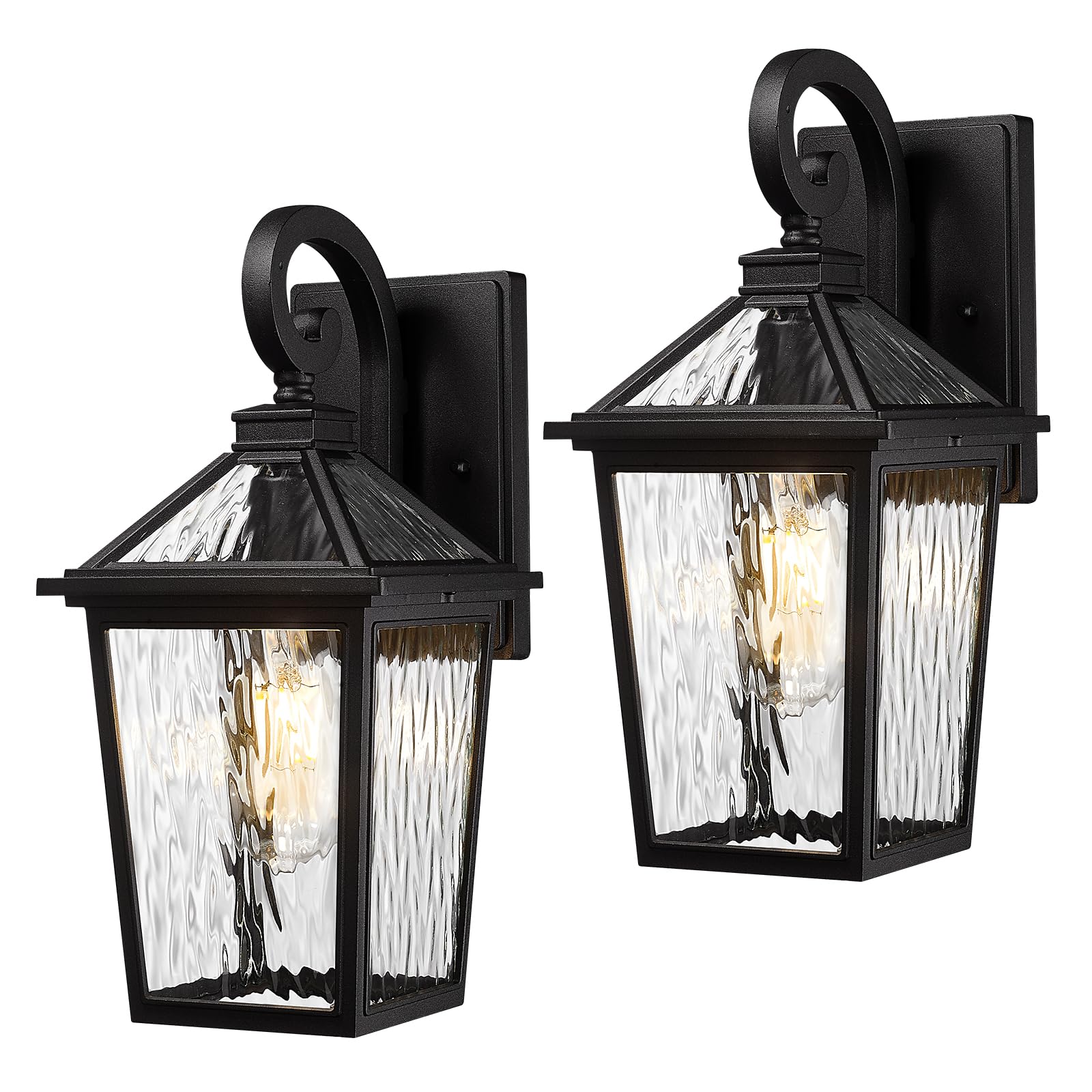 zeyu 2 Pack Outdoor Wall Lamp Lights, Medium Porch Lights Outdoor Wall for House Patio, Die-Cast Aluminum with Water Ripple Glass, Black Finish, ZX58B-2PK-SW BK
