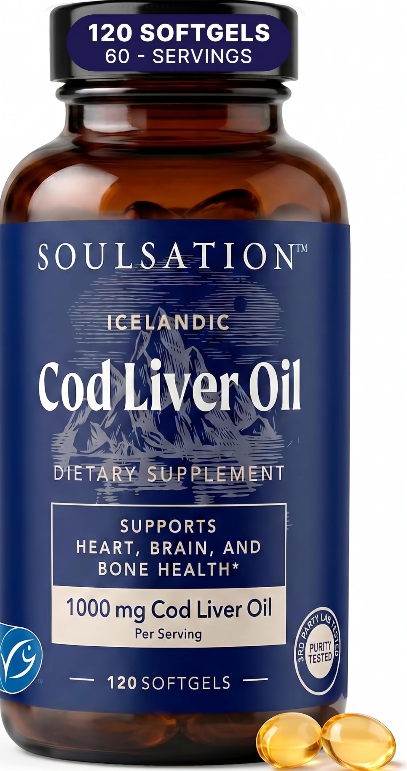 SOULSATION Icelandic Cod Liver Oil Softgels, Unflavored - 1000mg - Omega-3 Fatty Acids & EPA & DHA Supports Heart, Brain, and Bone Health & Wellness, Gluten-Free - 120 Softgels for 60 Servings Pack of 120 Softgels Unflavored