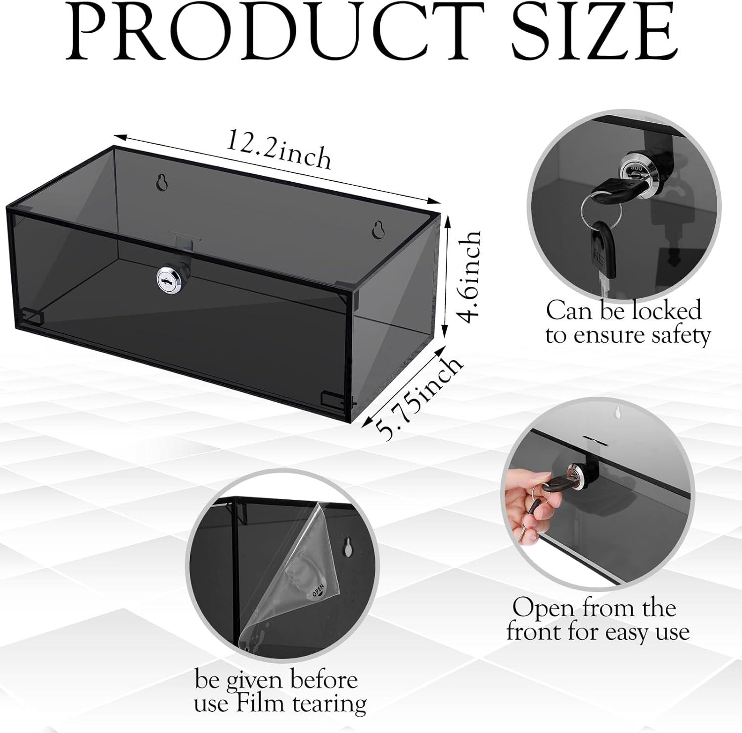 Refrigerator Medicine Lock Box with Keys and Mounting Hardware 12 x 6 x 4.5 Inch Wall Mount Locking Medicine Box Black Acrylic Wall Cabinet, First Aid Kit for Emergencies Home Use