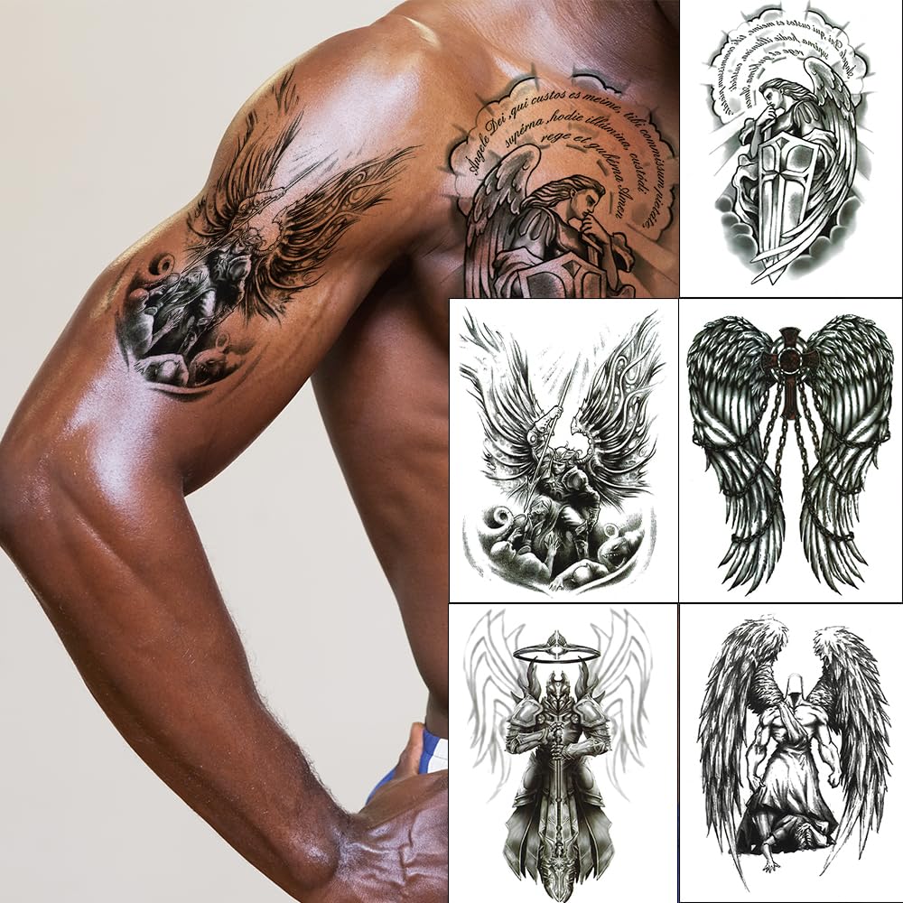 AWLEE Black Large Temporary Tattoos for Men Waterproof Realistic Half Sleeve Cross Knight Warrior Fake Tattoos That Look Real and Last Long Stickers Women Body Art Removable (Pattern 1)