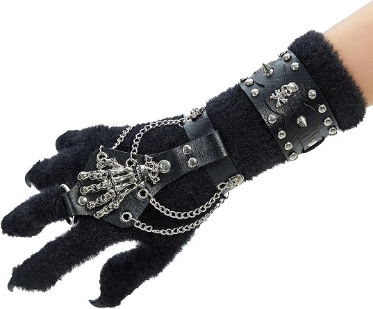 Micotaku Black Cat Knitted Paws with Faux Leather Halloween Rock Punk Wristband and Metal Skeleton Claw for Cosplay