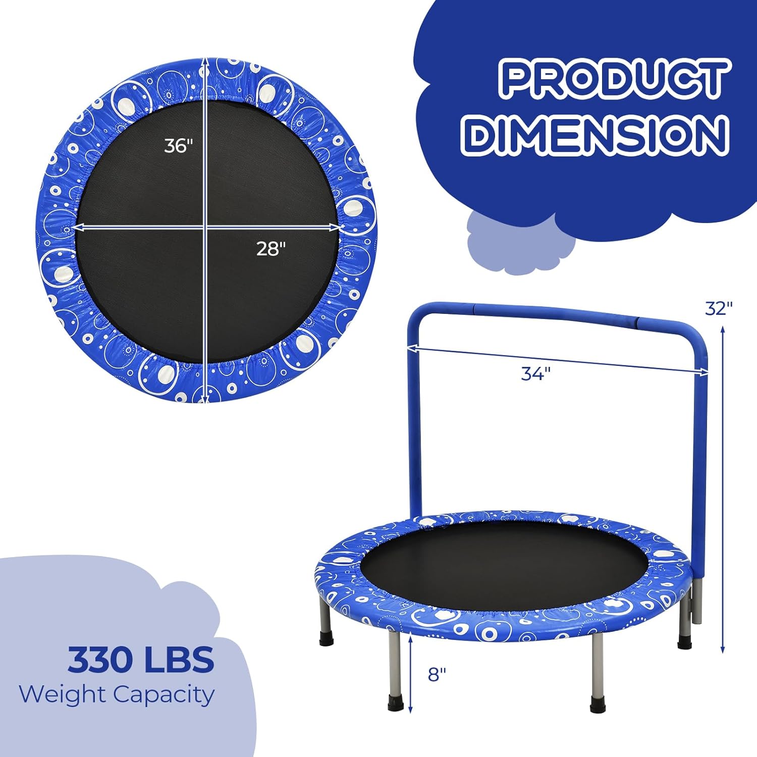 GYMAX Indoor Trampoline, 36” ASTM Approved Kids Trampoline with Removable Handrails & Safety Pad, Spring-Free Folding Mini Rebounder, Small Fitness Trampoline for Toddler/Adults