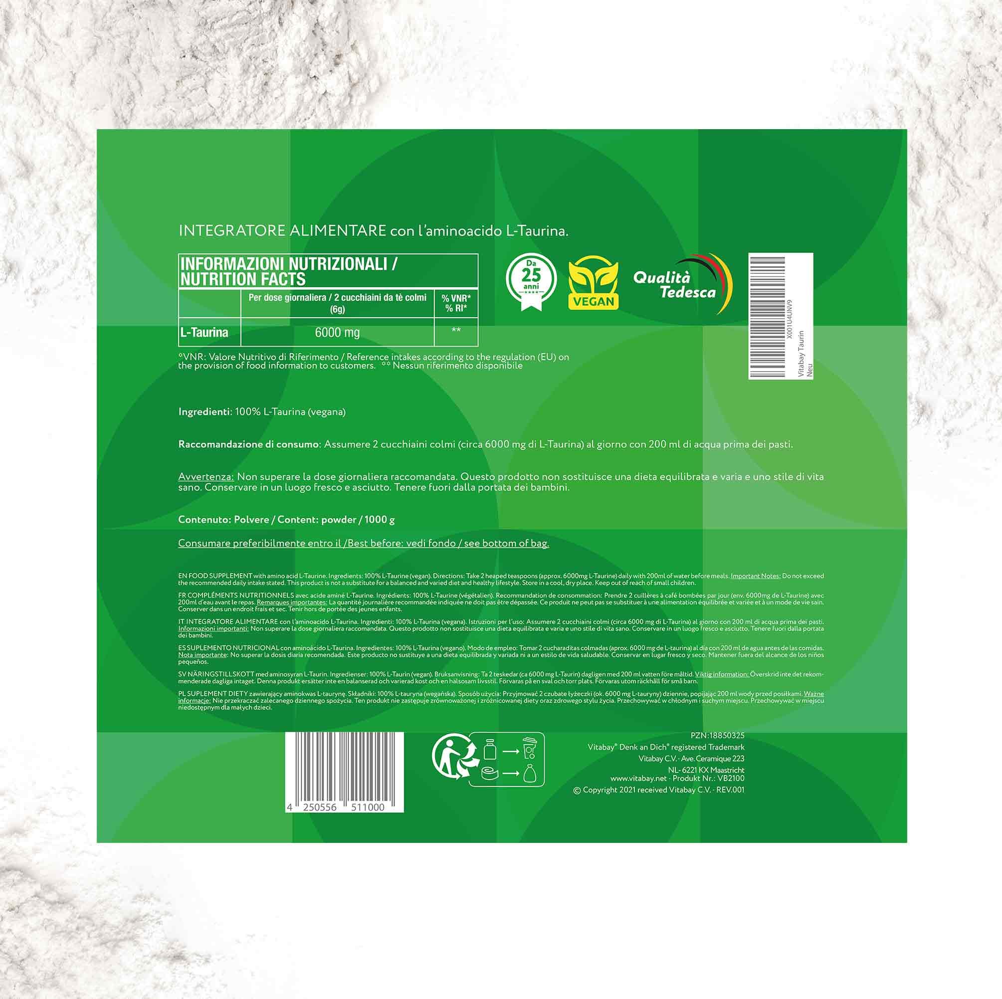 vitabay Taurina Polvere 1 kg – Taurina 6000 mg Taurina Vegan Polvere Senza Additivi – Taurina 1000 mg Taurina ad alto dosaggio Taurina Supplemento Taurina Taurina Polvere