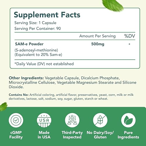 Vista 2 de Healthy Way - Suplemento SAM-e de 500 mg – Cápsulas de S-adenosil-L-metionina de 500 mg de alta resistencia para el cerebro articular, el hígado
