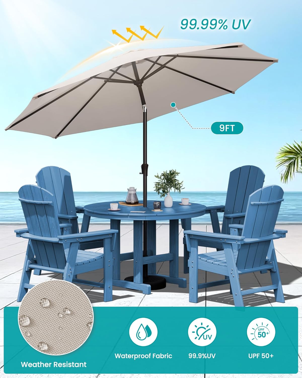 SERWALL 6-Piece Patio Dining Sets with Umbrella, HDPE Outdoor Table and Chairs Furniture Set, 45" Round Dining Table & 4 Adirondack Dining Chairs & 1 9FT Umbrella, Navy(Not Include Umbrella Base)