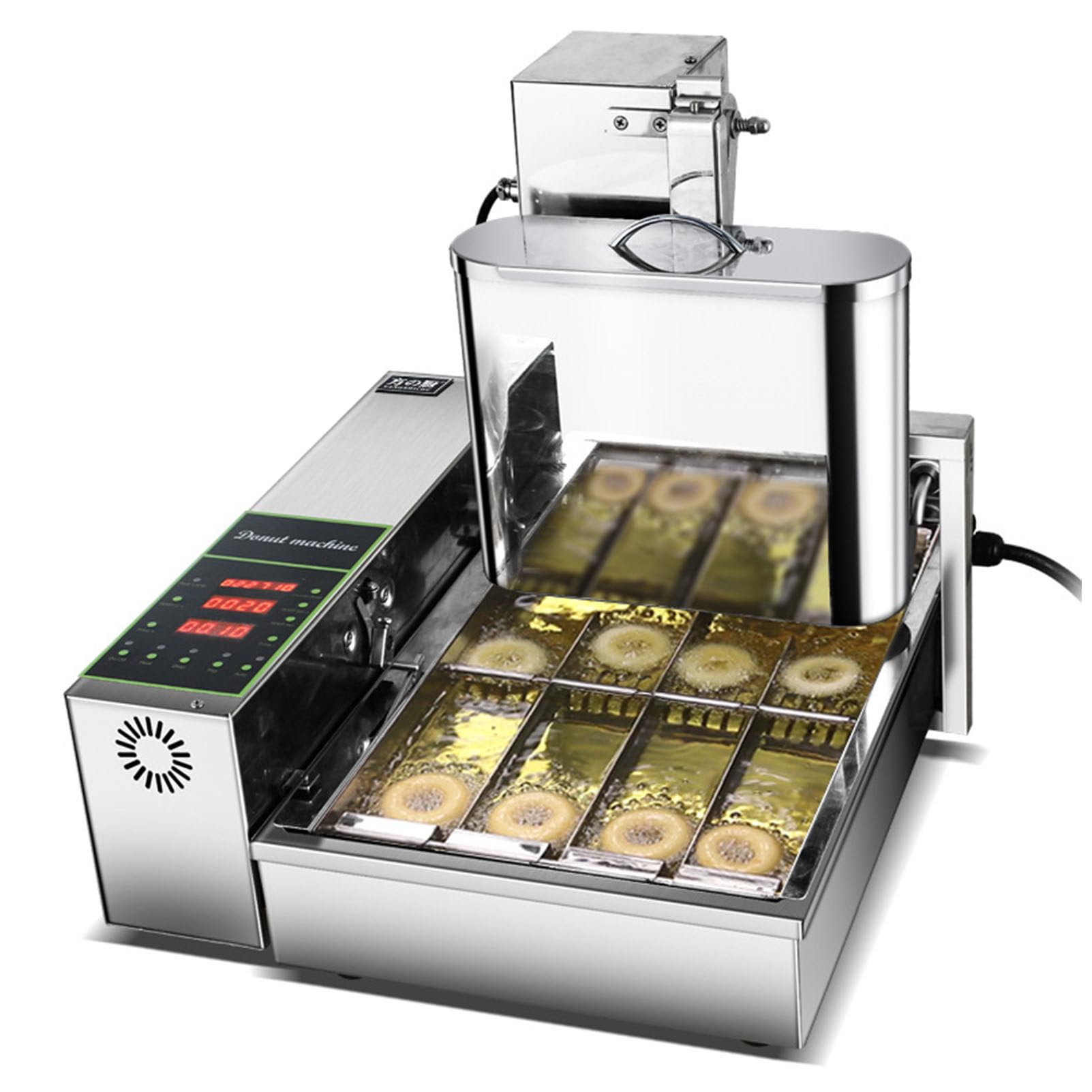 AYCDL Automatic Donut Machine, Digital Donut Fryer with Temperature Adjustment 50-220°C, 4 Rows Design, Commercial 5.5L Hopper Capacity