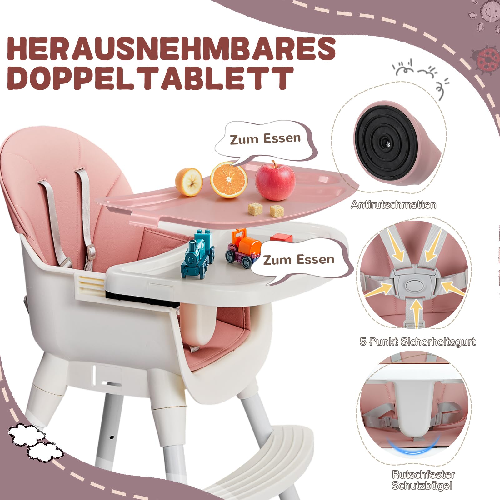LEADZM 3 in 1 Babyhochstuhl, Verstellbar zum niedrigen Kinderhocker, Abnehmbares Doppeltablett, Mit 5-Punkt-Sicherheitsgurt, Maximale Belastung 15 kg, Geeignet für Babys von 6 bis 36 Monaten (Rosa)