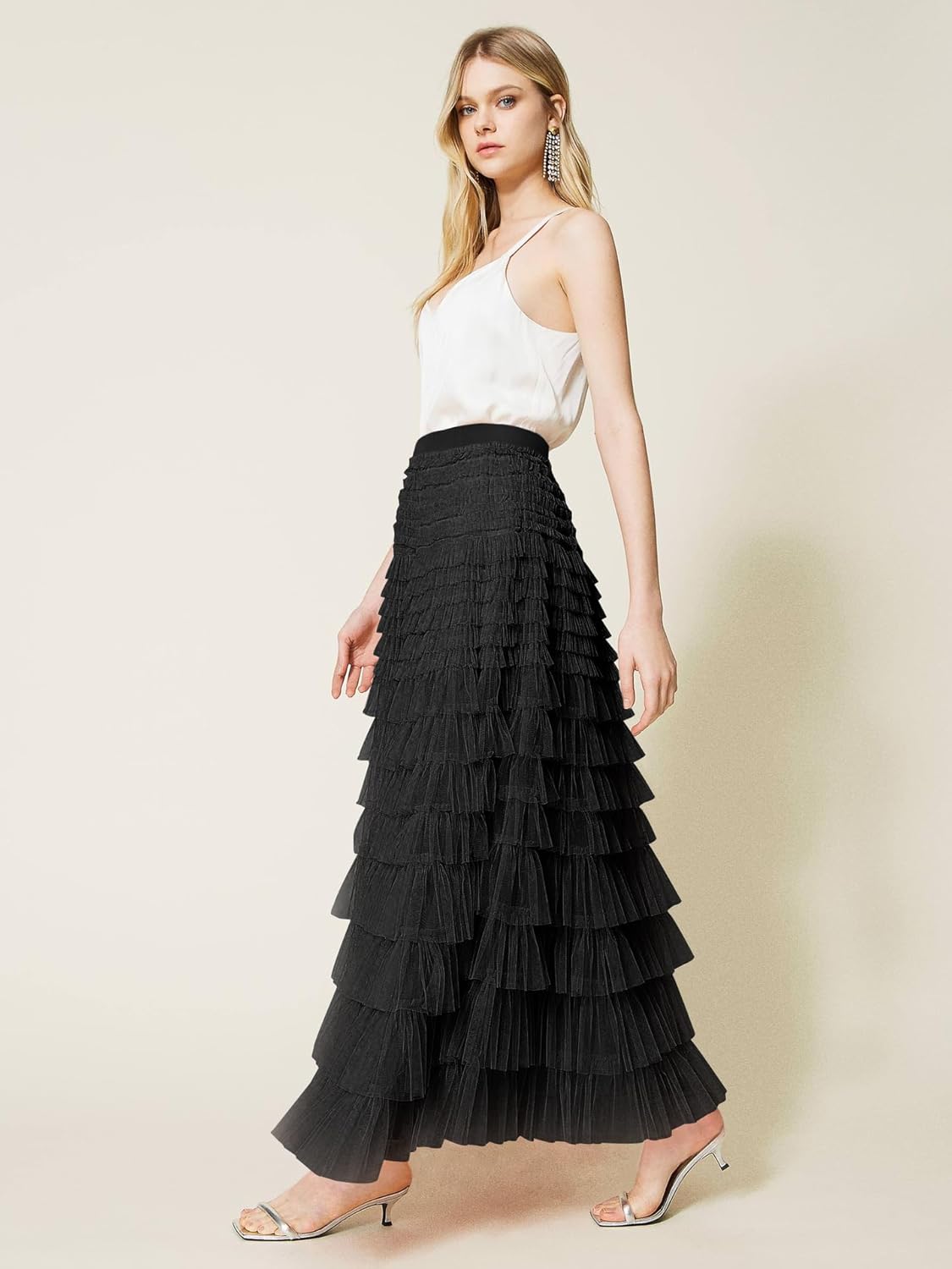 Womens Long Tulle Skirt A Line Ruffle Tiered Layered Skirts High Waisted Flowy Fairy Maxi Skirts - Image 3