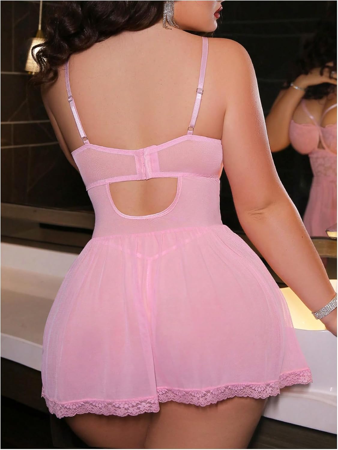 OYOANGLE Women's Plus Size Underwire Lingerie Lace Sheer Babydoll Chemise Mesh Nightgowns Boudoir Outfits - Image 3