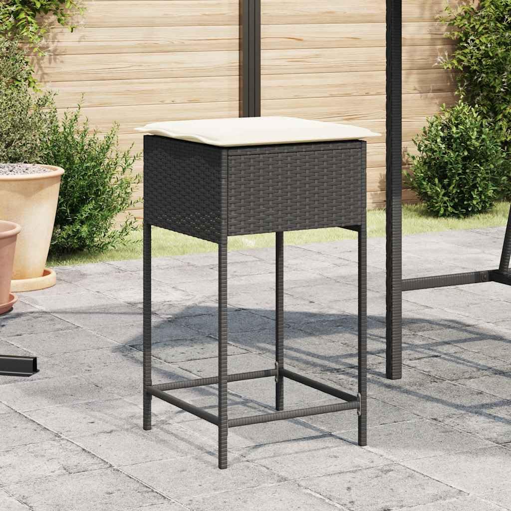 Ogrodowe stołki barowe z poduszkami 2 szt czarne polirattan zestaw hokerów ogrodowych z poli rattanu na taras balkon z wyściełanym siedziskiem 40x40x76 cm solidna stalowa rama obciążenie 110 kg