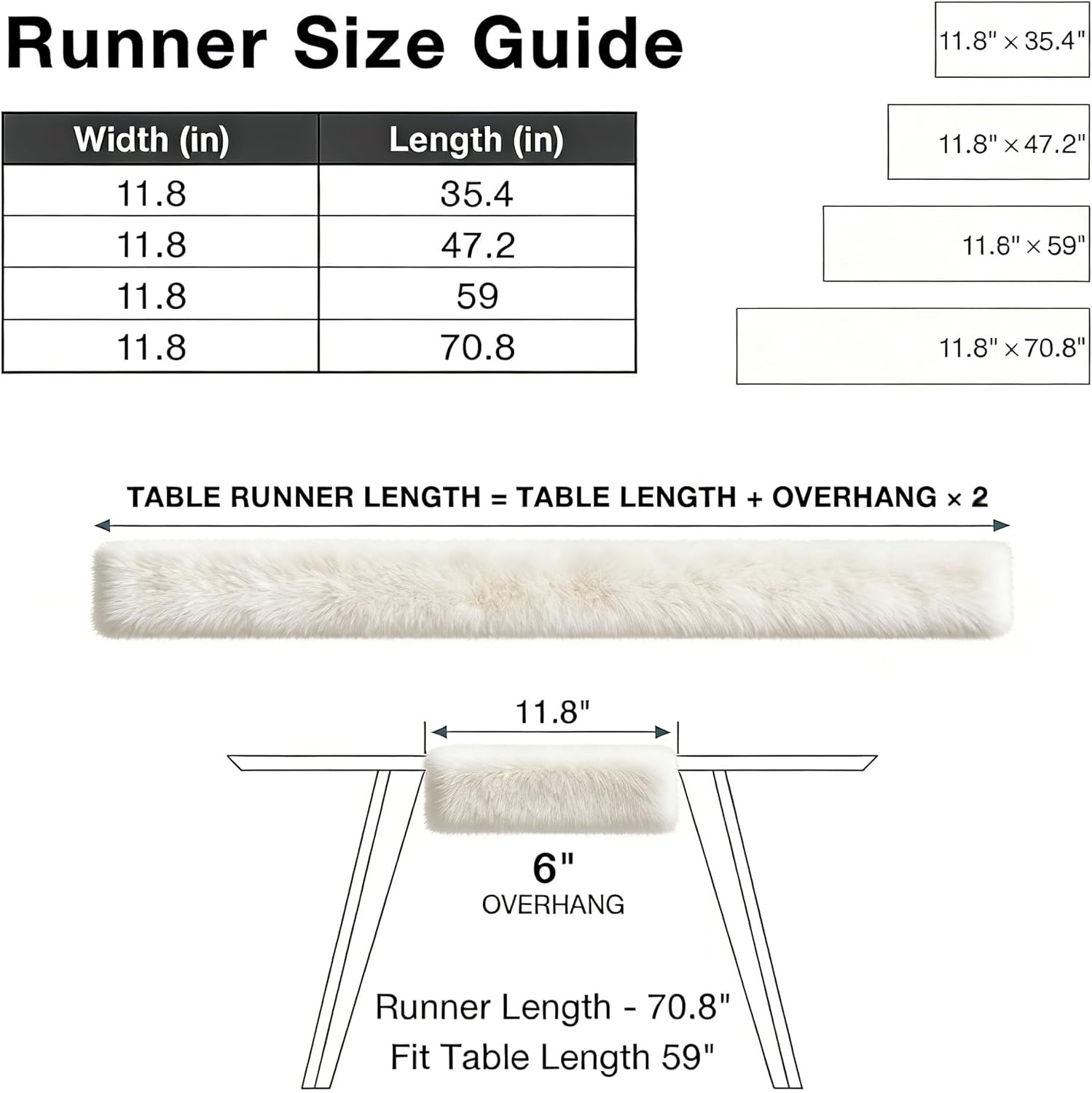 Table Runner, White Faux Fur Table Runner Christmas Dining Cover, Fluffy Wedding Party Holiday Decor with Tassels, Luxury Soft Thanksgiving Birthday Runner (White, 11.8x70.8inch)