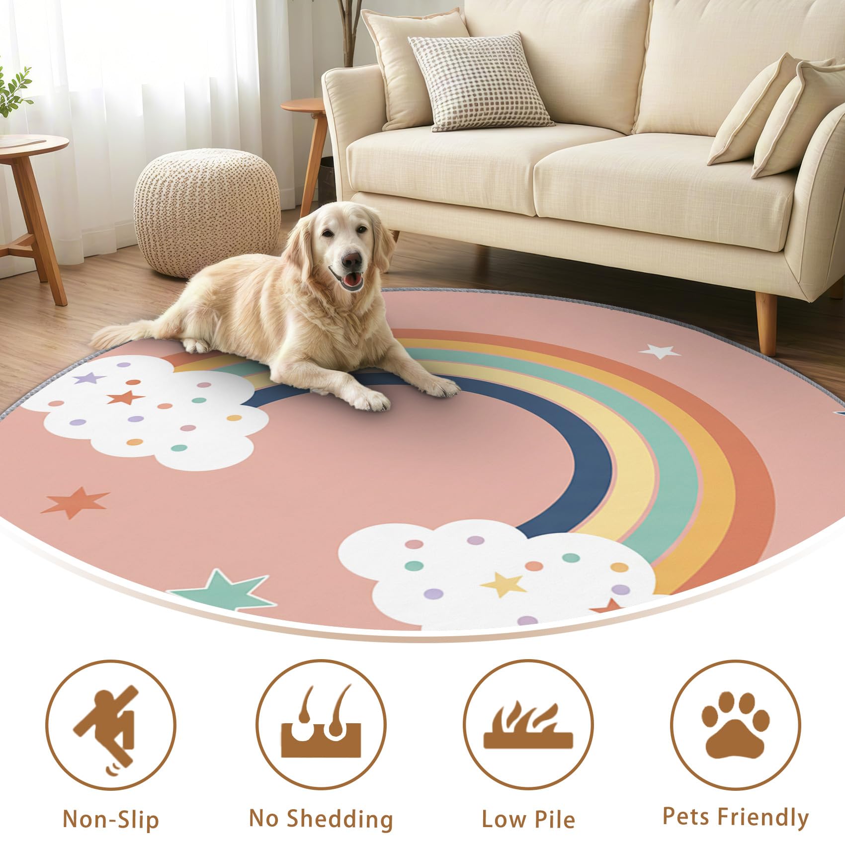 Regenbogen Teppich Rund 120cm Kurzflor - Waschbare Teppiche Wohnzimmer Sterne Rosa Mädchen Kinder - Runder Teppich 120 Durchmesser - Bettvorleger Schlafzimmer rutschfest Weich
