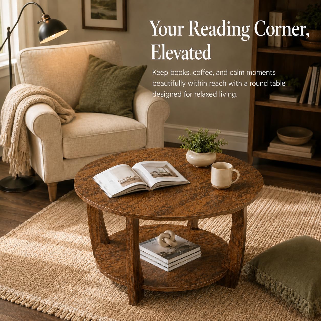 Farmhouse Round Coffee Table, 2-Tier Living Room Table with Storage Shelf