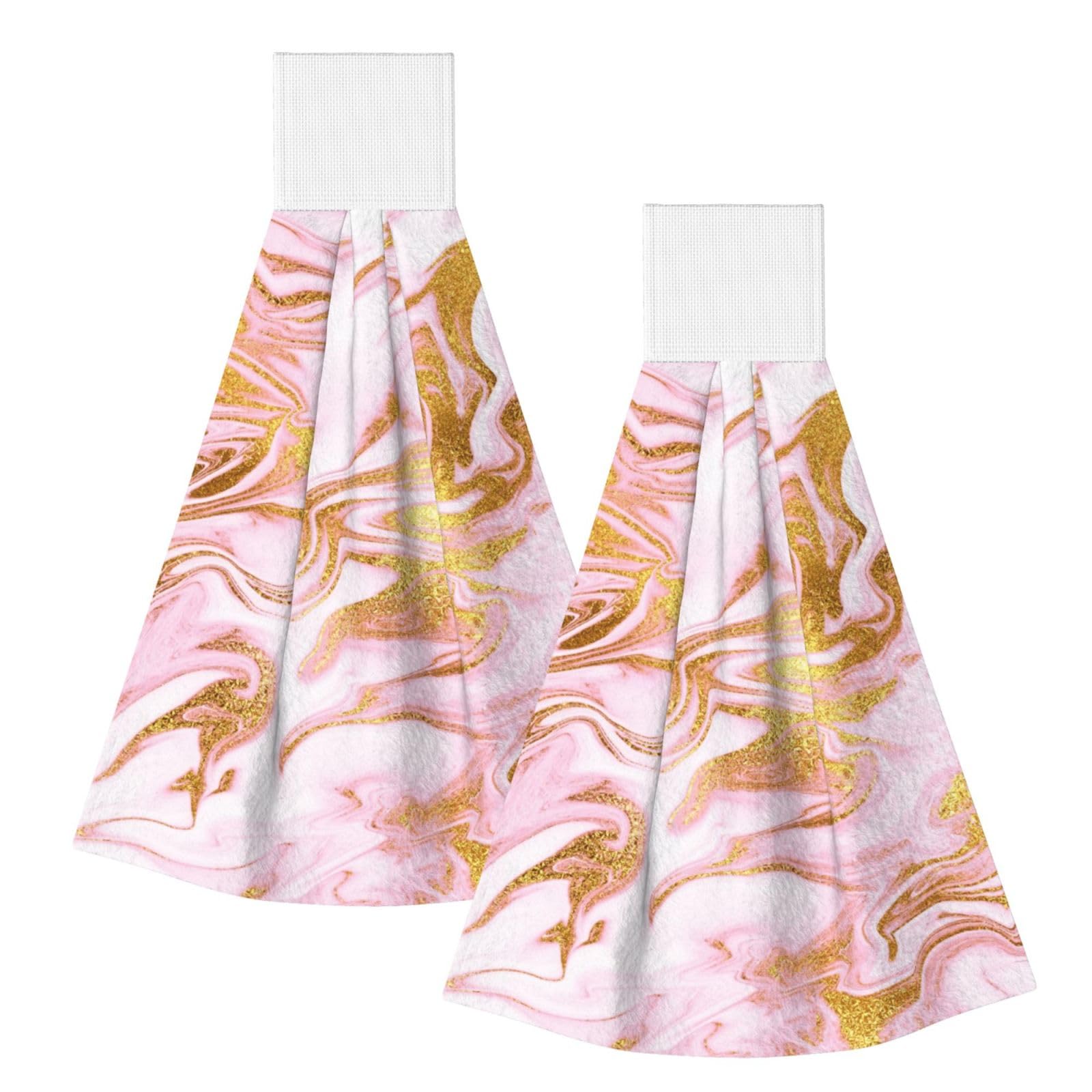 DOPKLNA Gold Sparkle Pink, 2 Pcs Hanging Coral Fiber Hand Towels for Bathroom, Absorbent Kitchen Towels