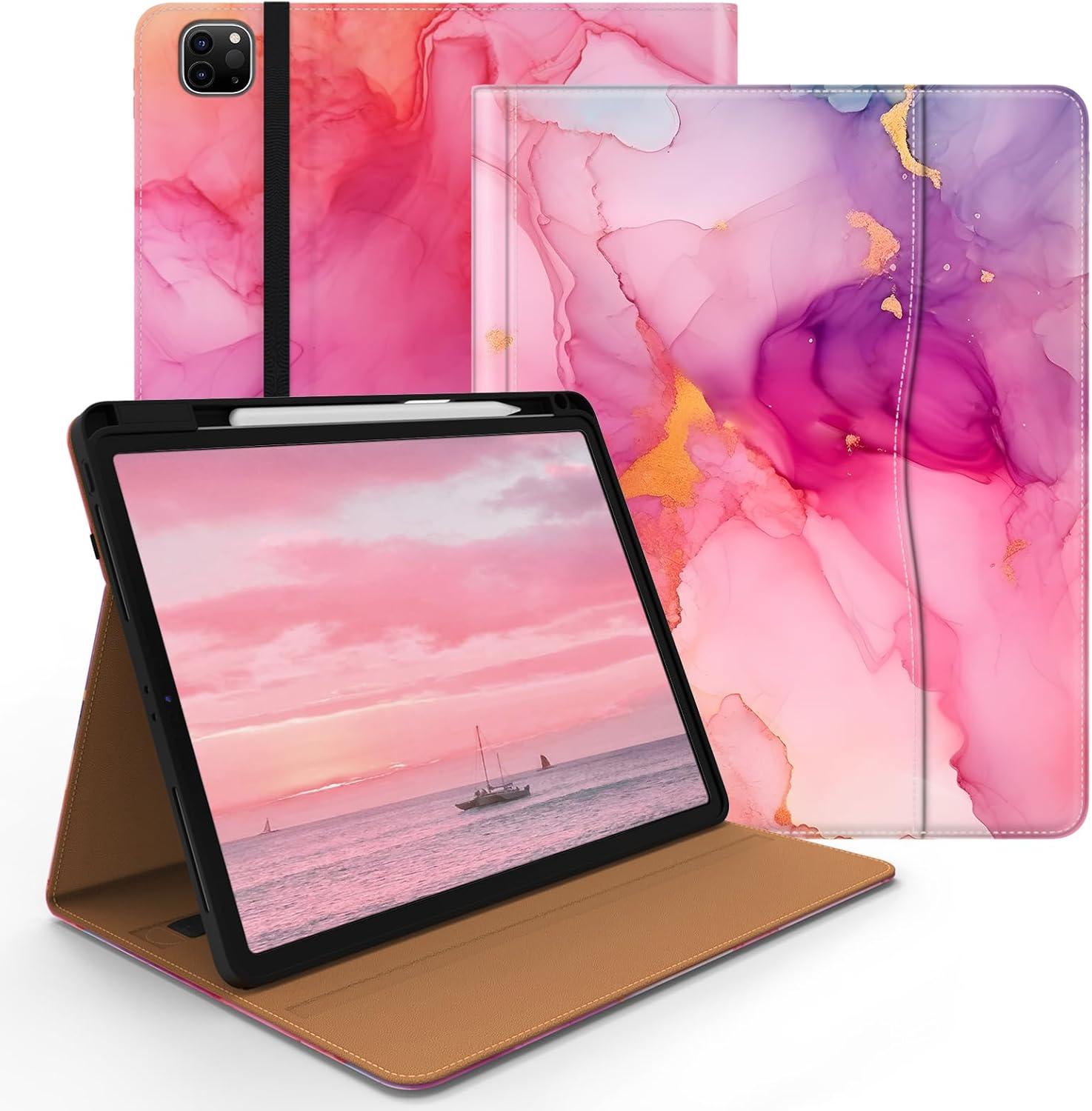 Case for iPad Pro 12.9 6th/5th/4th/3rd Generation 2022/2021/2020/2018, PU Leather 12.9" Cover with Pencil Holder/Multi-Angle Stand/Pocket, Auto Wake/Sleep,Marble Pink