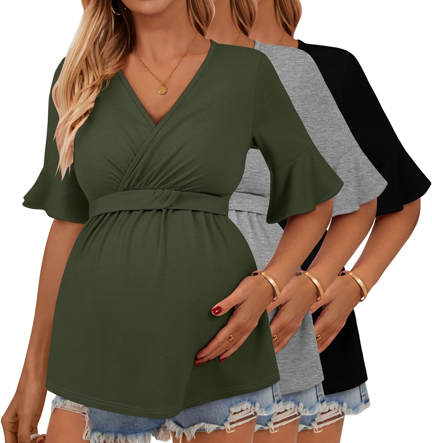 Ficerd 3 Pack Women's Maternity Shirts, Short Sleeve Nursing Tops Ruffle V Neck Breastfeeding Tees Casual Pregnancy Blouses(Black, Light Gray, Army Green,XXL)