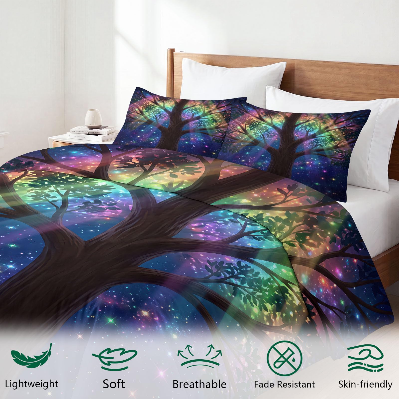 Pościel 3D, 200 x 200 cm, rośliny, gwiaździste niebo, fantazyjne, świecące drzewo, miękka, nie wymaga prasowania, oddychająca, z zamkiem błyskawicznym, w zestawie 2 poszewki na kołdrę i 2 poszewki na