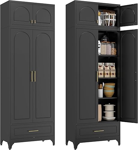 Miniatura 17 de Armario de almacenamiento de metal con puertas y estantes, armario de despensa de cocina de 75 pulgadas de alto, armarios de despensa para