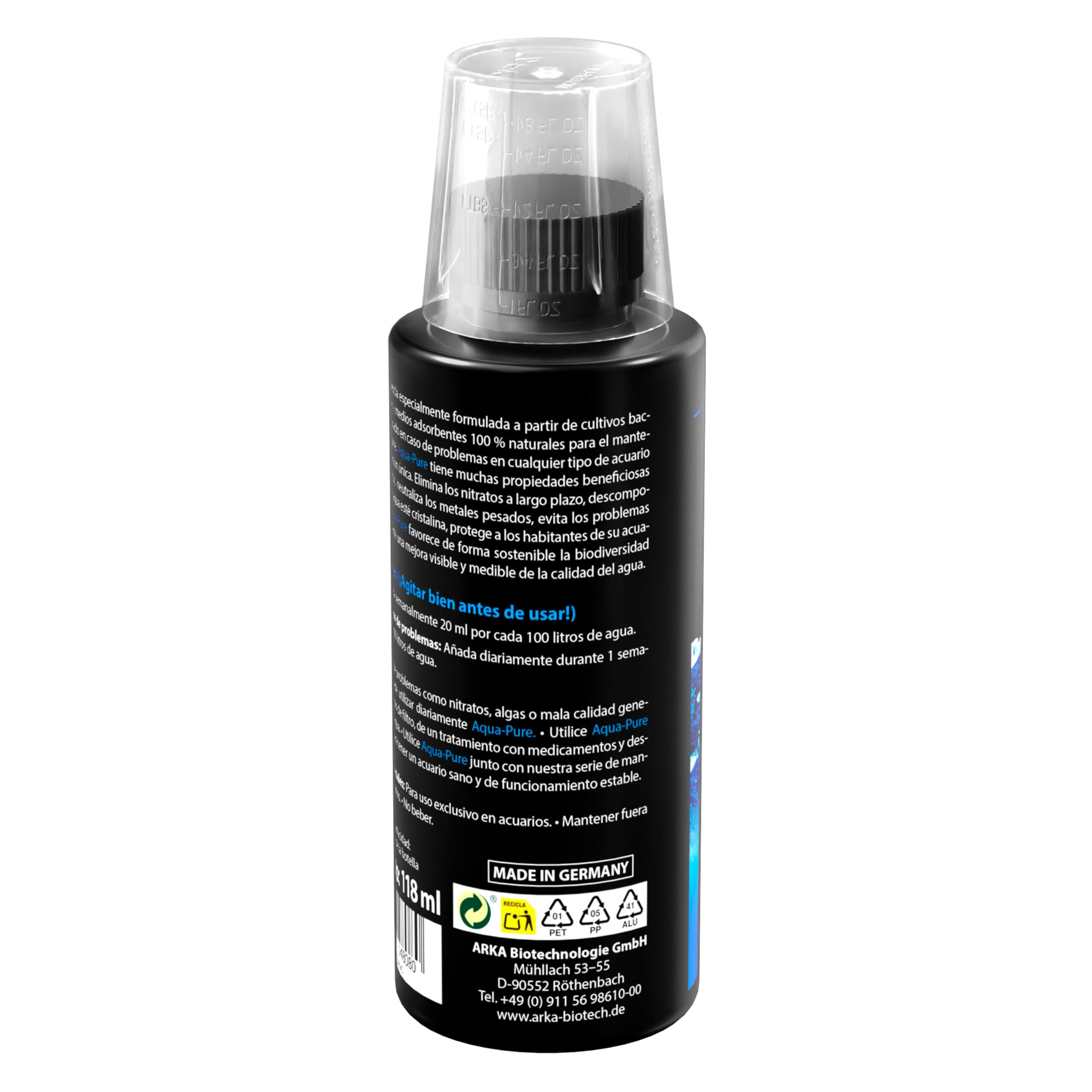 Aclarador de Agua Acuario 118 ml – ARKA Aqua-Pure – Elimina turbidez y residuos – Agua cristalina en acuarios Dulces y Marinos – 100% biológico con bacterias filtrantes – Seguro para Plantas
