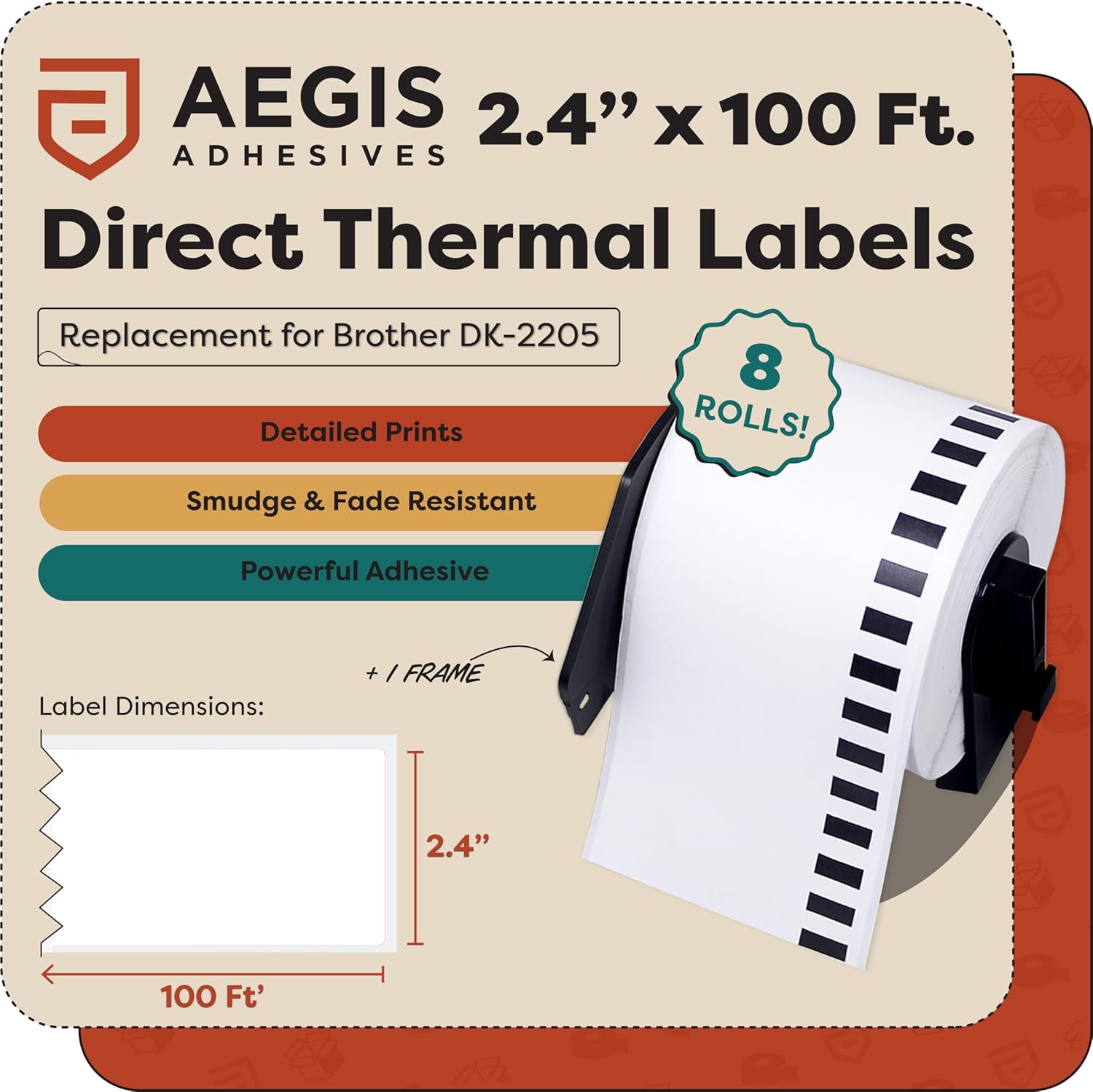 Aegis Adhesives - Replacement for Brother DK-2205 (8 Rolls, 800 Ft Total) 2.4" Continuous Direct Thermal Labels Cut-to-Length Paper Tape - Compatible with QL Printers, QL-800, QL-810W, QL-820NWB