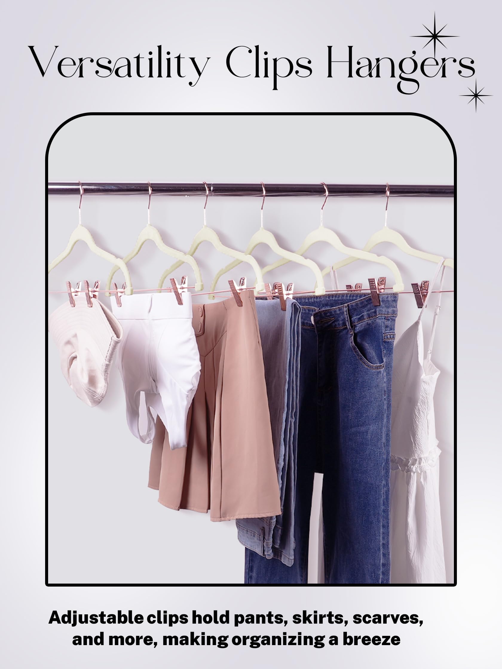 HOUSE DAY Paquete de 24 perchas de terciopelo antideslizantes con clips de oro rosa, perchas delgadas de terciopelo con clips, ganchos de terciopelo para jeans, pantalones, vestidos, abrigos (marfil)