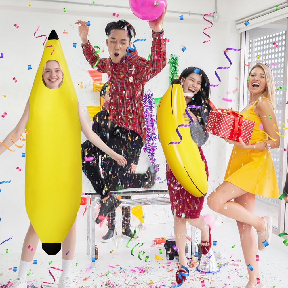 Kostium bananowy, zabawny kostium banana i 1 sztuka dmuchany banan, kostiumy owocowe dla dorosłych na Halloween, na imprezy tematyczne, Boże Narodzenie, cosplay, unisex