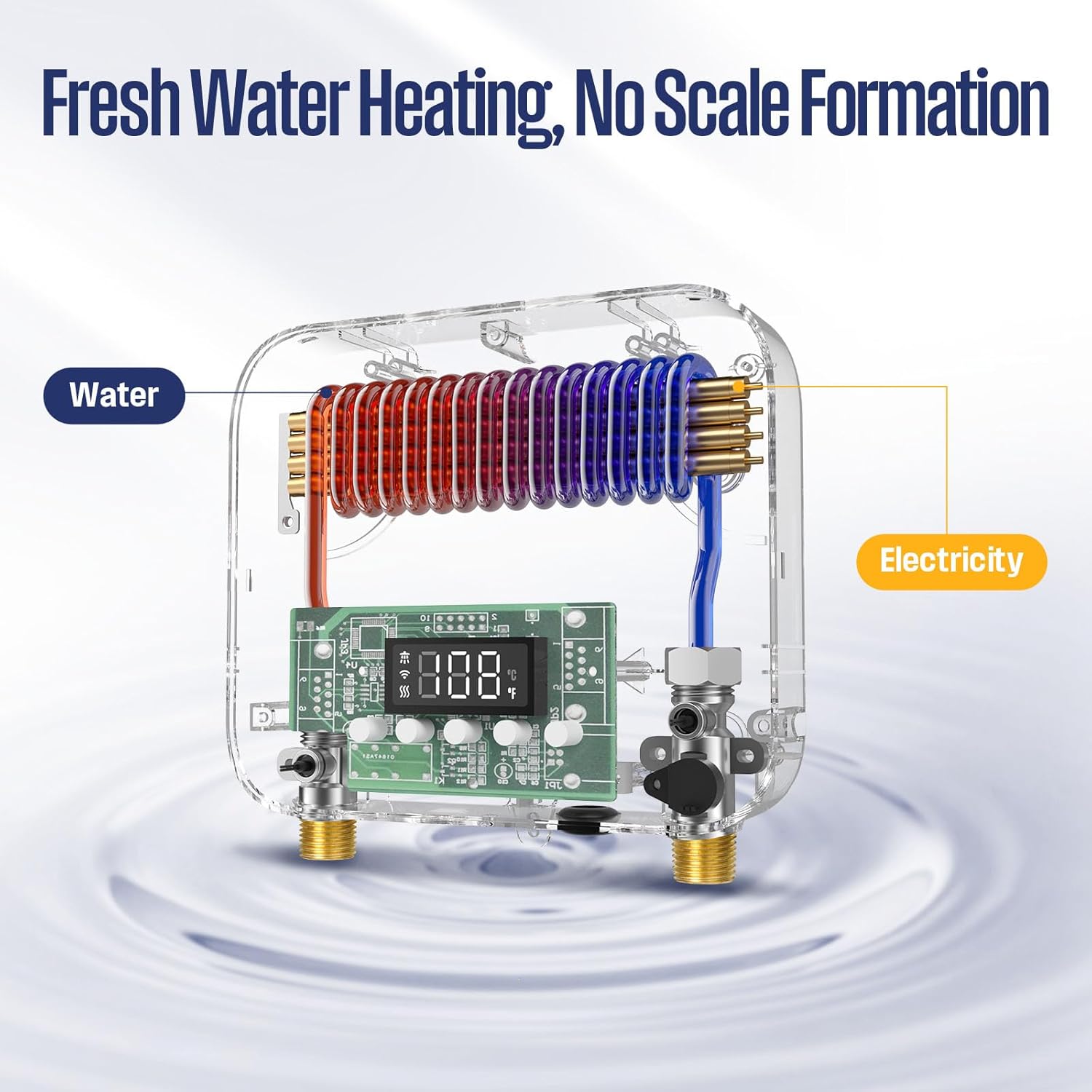 Ачык view of the Westinghouse Apolo Mini's internal components, showing the water path (blue and red coils) separated from the electrical components, illustrating the fresh water heating and anti-scale design.