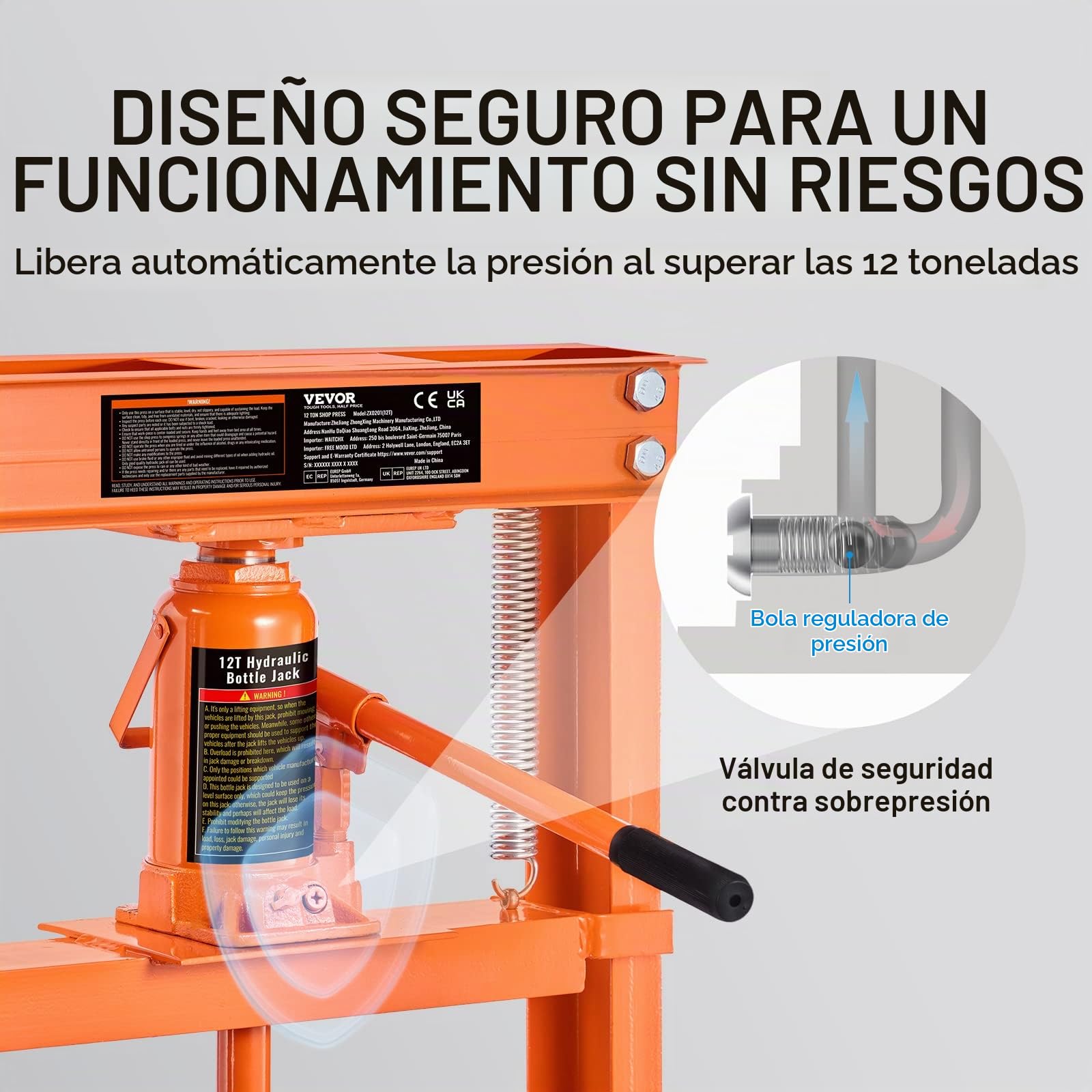 VEVOR Prensa Hidráulica para Taller Prensa Hidráulica para Garaje/Tienda con Marco en H de 12 T Prensa Ajustable para Taller con Placas de Prensado Prensa Hidráulica de Alta Resistencia para Garaje