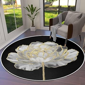 Abstract White Floral Round Area Rug 3.3ft,Washable Outdoor Indoor Carpet Runner Rug for Bedroom,Kitchen,Living Room,Spring Botanical Flower Gold Line Black Area+Rug Small Bath Door Desk Floor Mat