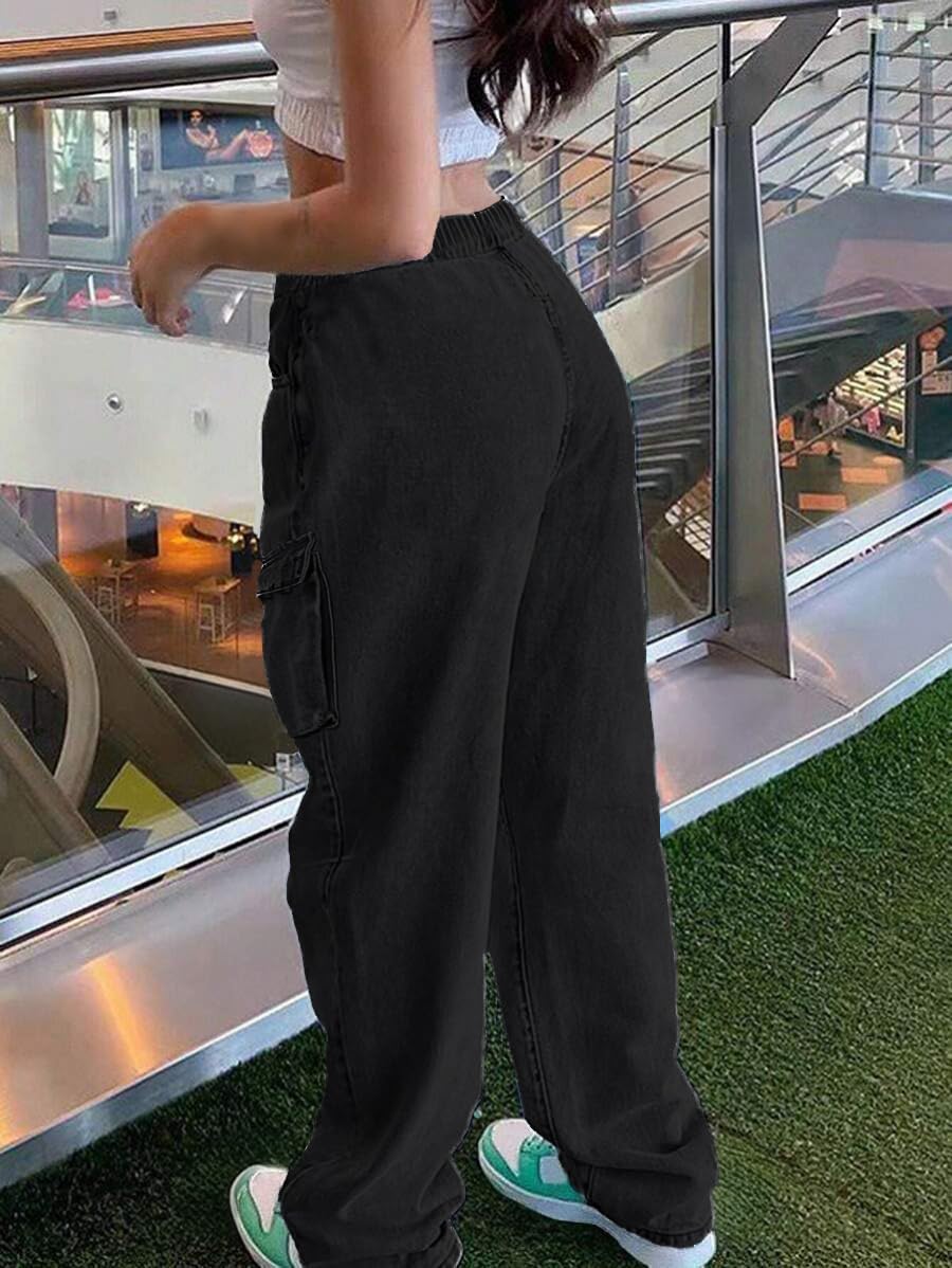 Cargo Jeans for Women Wide Leg High Waisted Stretchy Multi Pockets Baggy Denim Cargo Pants - Image 5