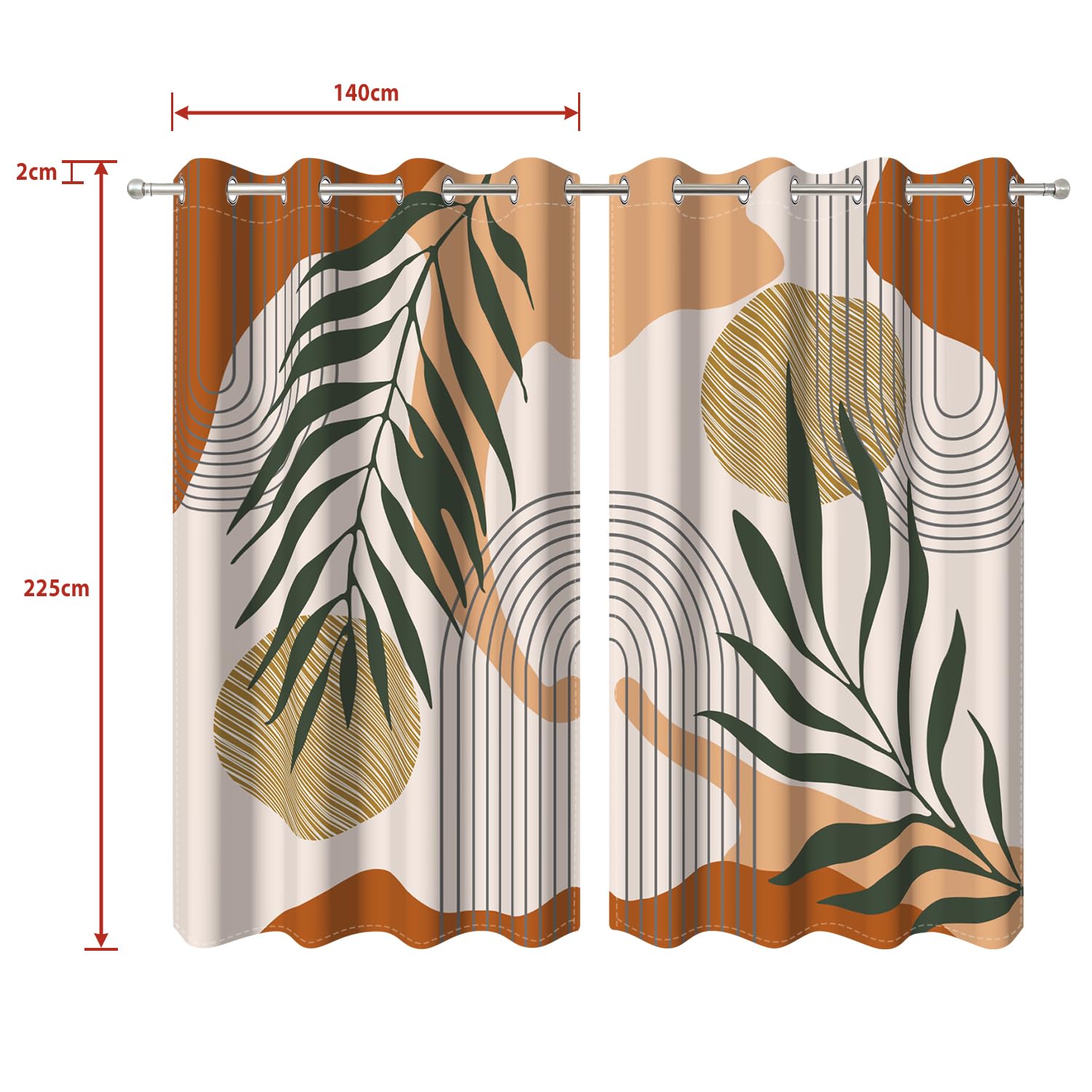 Tende Boho Astratta, Tende Oscuranti Foglie Verde Terracotta Geometrico Tende Termiche Isolanti Freddo Tende Oscurante con Occhiello per Camera de Letto Interni Soggiorno, 2 Pezzi, 140x225cm