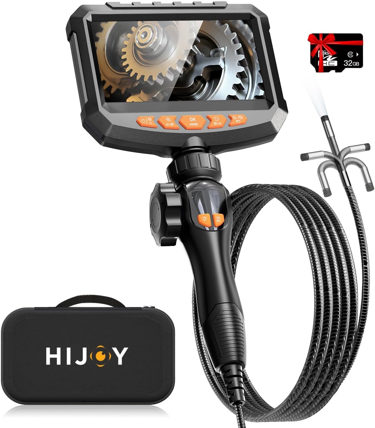 Hijoy Articulating Borescope Camera with Light - Two-Way Endoscope with 8 Adjustable LED Lights | 5" LCD Screen | 1920P HD Inspection Cameras with 0.33in Articulated Snake Camera for Men | S30