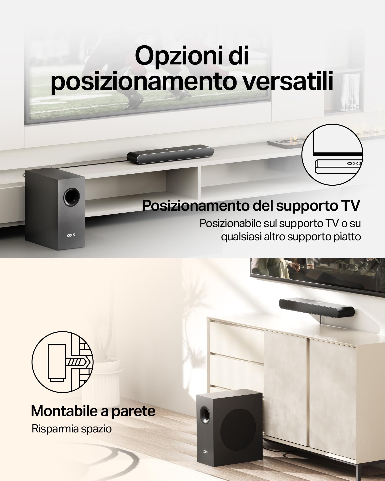 OXS S21 Soundbar, 2.1 Canali con Subwoofer, Suono Preciso con Basso Profondo, 180 W, 3 Modalità EQ, Ultra Compatto, per Home Theater/Musica/Gioco, Compatible con TV, PC, XBOX, PS4/5, Telefono
