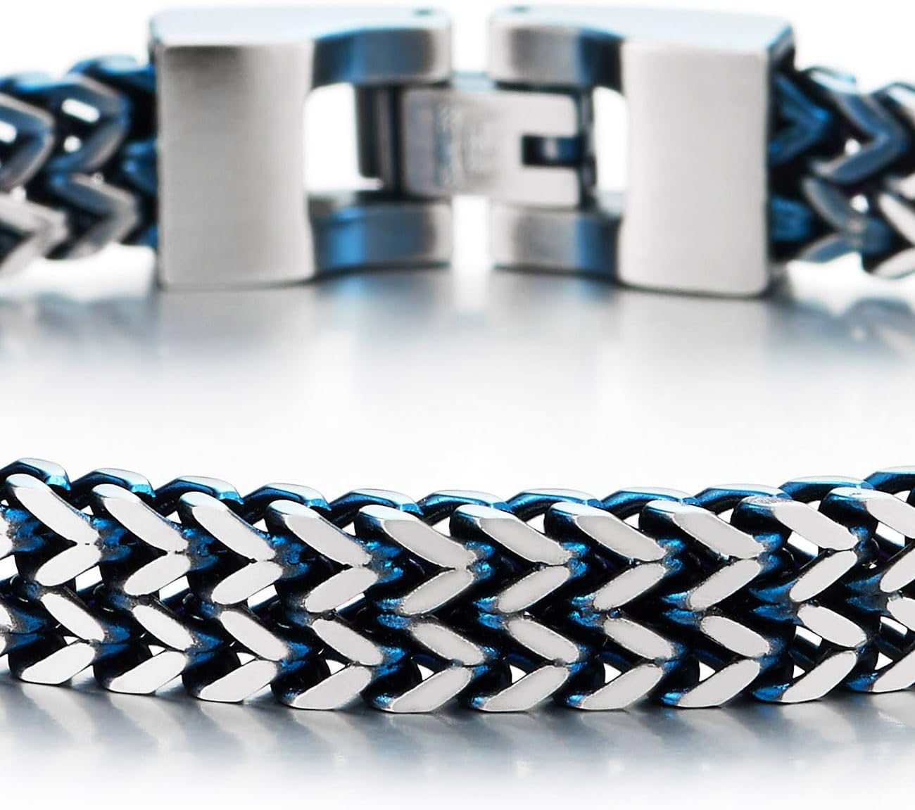 COOLSTEELANDBEYOND Men’s Blue and Silver Stainless Steel Bracelet Braided Chevron Chain Franco Curb Chain Stylish Gift - Image 3