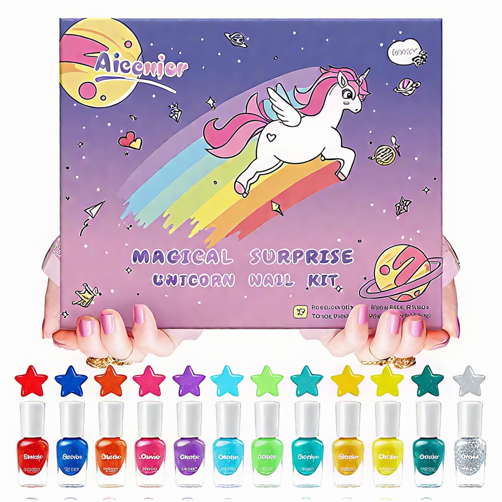 Kids Nail Polish Kit, 12 Color Toddler Nail Polish Set Non Toxic Peel-Off Safe Water Based Free Low Odor for Girls Ages 5+ Gift for Makeovers and Birthday