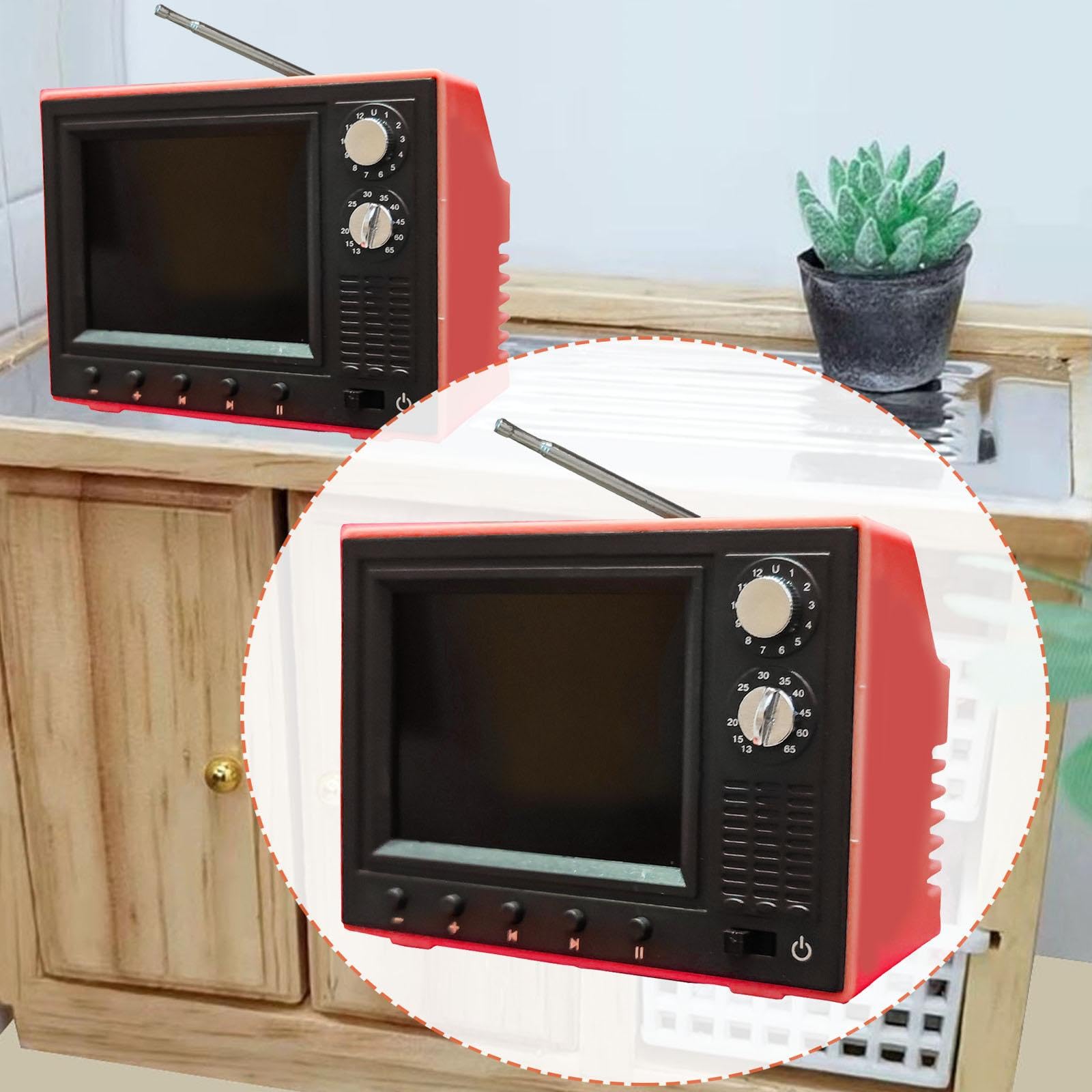 Sharplace Puppenhaus-Fernseher im Maßstab 1:12, winziger, spielbarer Fernseher im Retro-Stil für Mädchenpuppen, Geschenk, Puppenhausmöbel-Zubehör, Rot