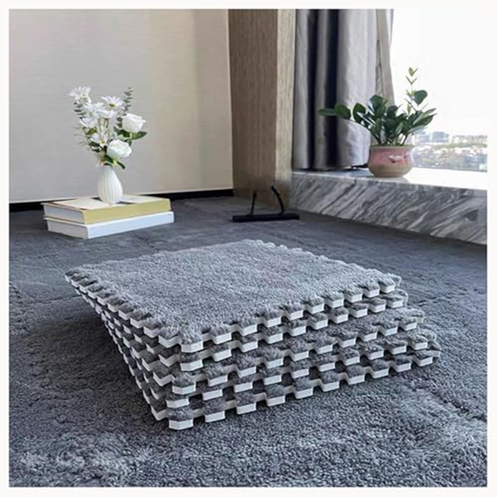 24Pcs Plush Foam Floor Mat Square Interlocking Carpet Tiles 12X12 Inch Puzzle Piece Carpet Squares Thick Fluffy Foam Floor Tiles Carpet for Parlor