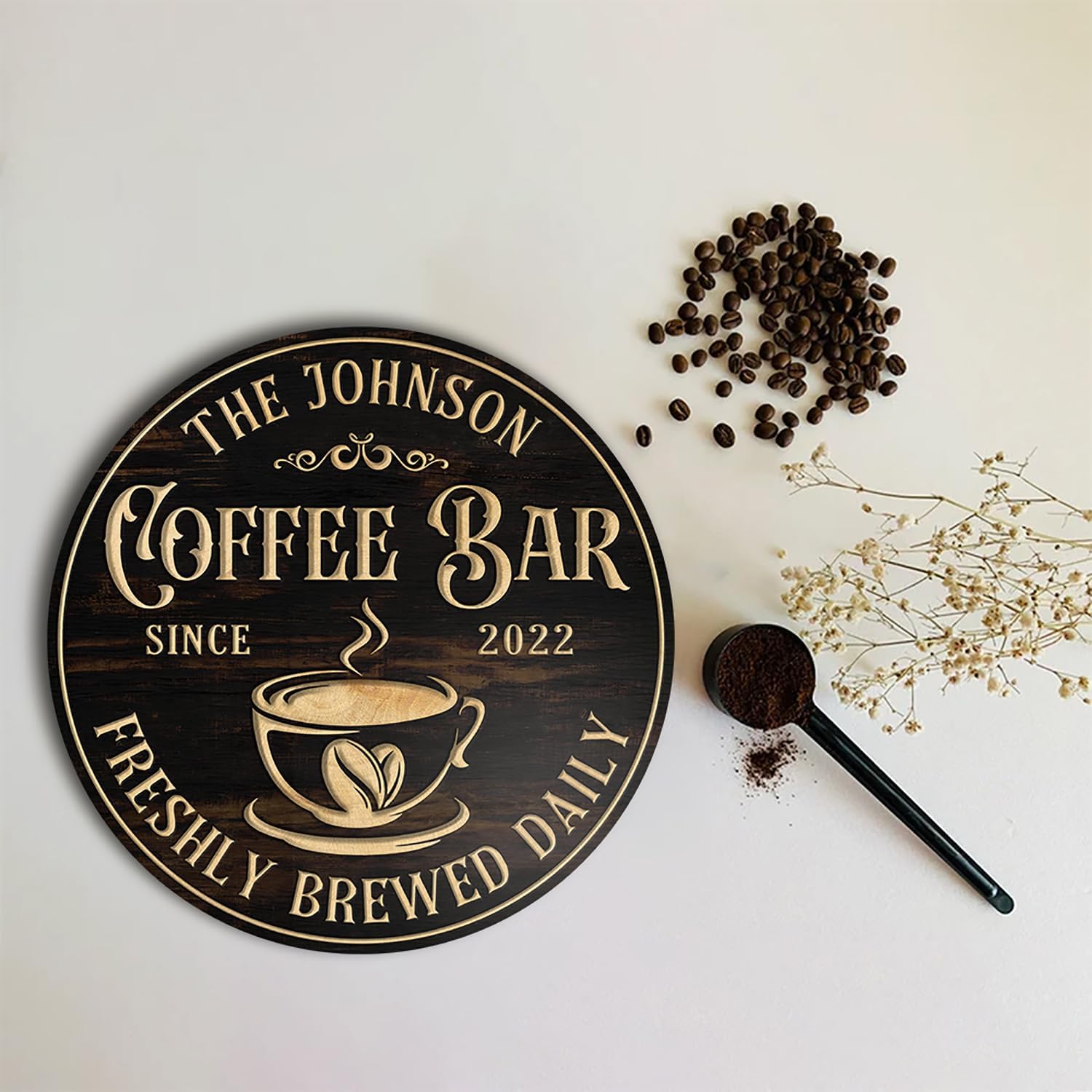 THUYPT Personalized Coffee Sign, Round Coffee Sign for Coffee Bar Coffee Station Decor, Coffee Wooden Sign for Wall Hanging, Printed Wooden Coffee Sign (10)