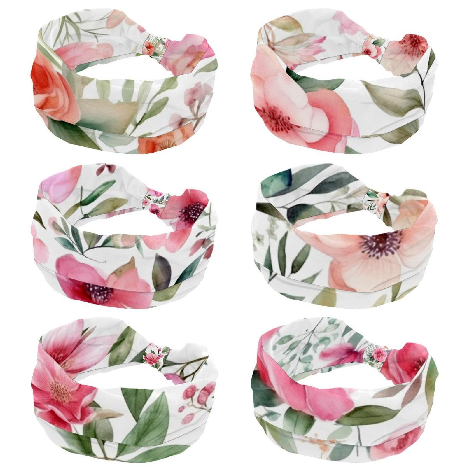 Lot de 6 bandeaux larges pour femme - Élastiques antidérapants et doux - Pour yoga, course à pied, sport, entraînement, gym - Tissu en coton noué - Fleurs roses avec feuilles