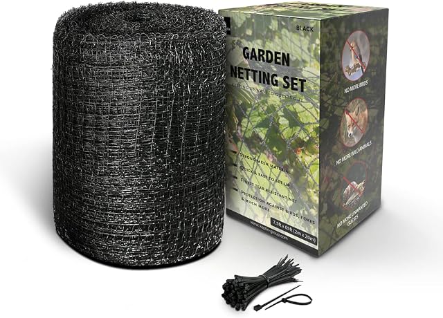 Garden Netting Kit (2x20m) BLACK  Heavy-Duty Woven Mesh Plant Net with 100 Cable Ties  Cat & Bird Fencing Pea Net for Seed, Fruit, Tree Protection  Reusable Anti-Insect Plant Cover