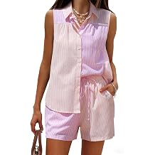 EXLURA Womens Summer 2 Piece Outfits Cotton Sleeveless Button Down Shirts Matching Shorts Sets Cruise Beach Vacation Resort