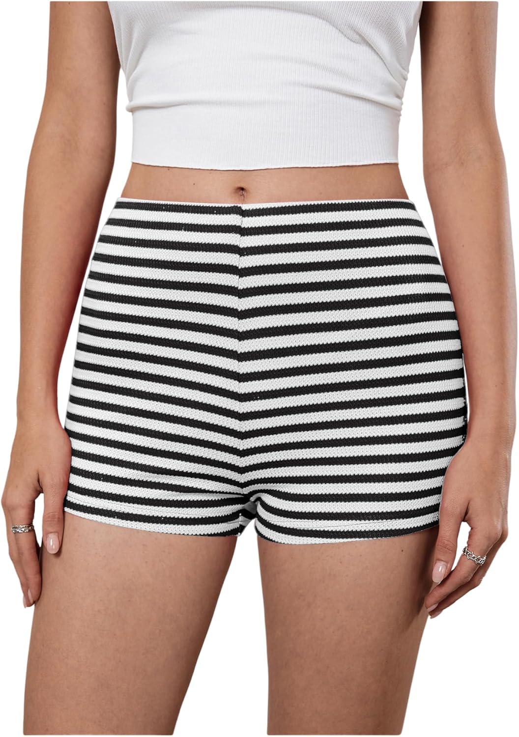 MakeMeChic Women's Striped Shorts Crochet Knit Pajama Micro Mini Boxer Lounge Shorts Summer Bottoms