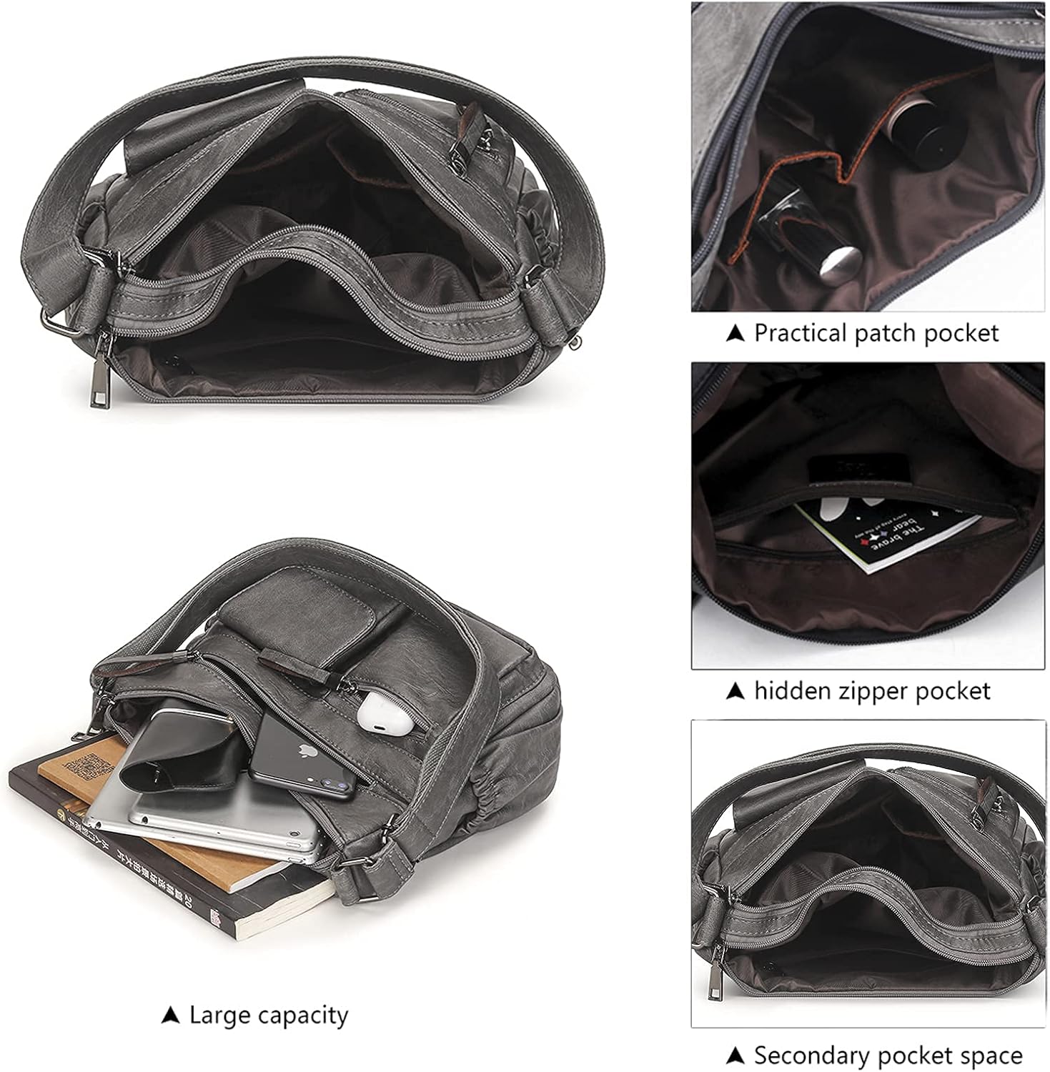 Artwell Fashion Hobo Crossbody Bag For Women Shoulder Bag PU Leather Handbags Purses Multi Pocket Zipper Messenger Tote Bag