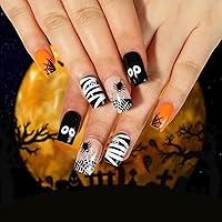 Vista 14 de Uñas postizas a presión para Halloween, punta francesa, uñas postizas cortas cuadradas de RIICFDD con diseño de calabaza, espeluznante y calavera