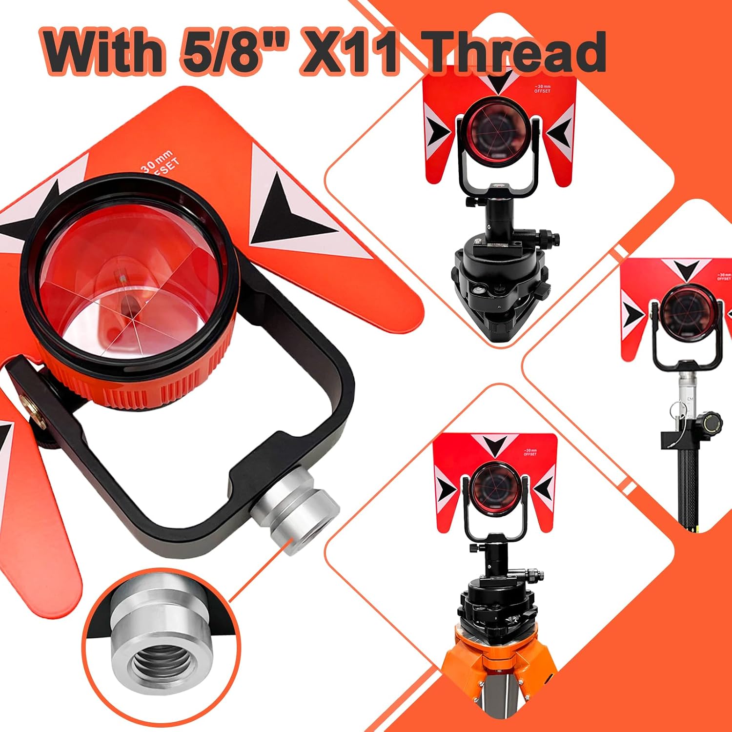 Surveying Metal Single Prism with Soft Bag, 0/-30mm Total Station Prism with 5/8x11 Female Thread for Total Station Surveying